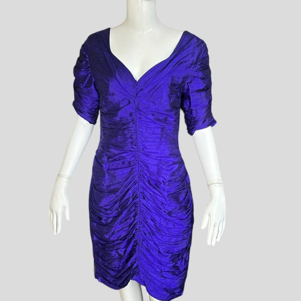 VINTAGE KANAK 100% SILK ROYAL PURPLE RUCHED DRESS (SZ 8) - Picture 4 of 12